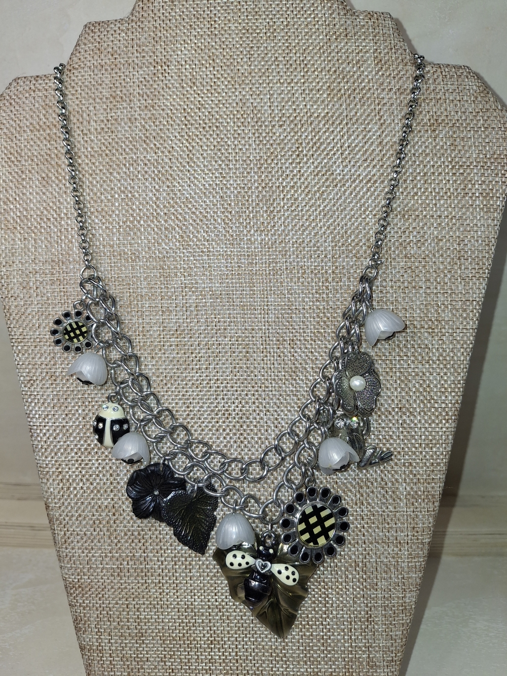 Mixit Silver Chain Statement Necklace with Black and White Accents